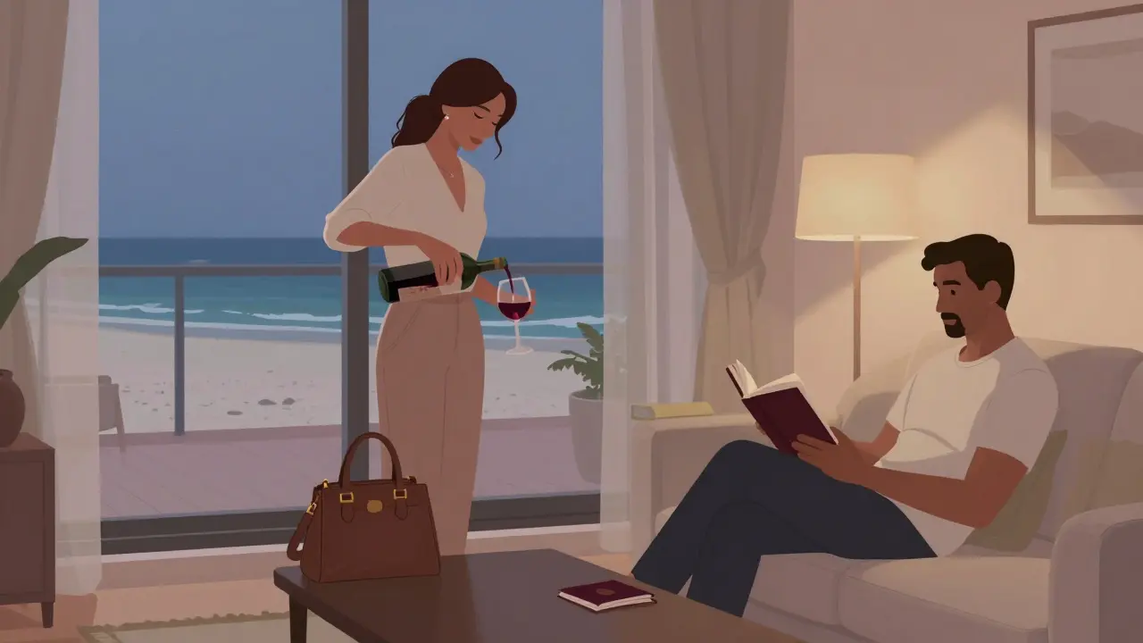 A woman pouring wine in a private Dubai apartment at dusk, peaceful and respectful atmosphere.