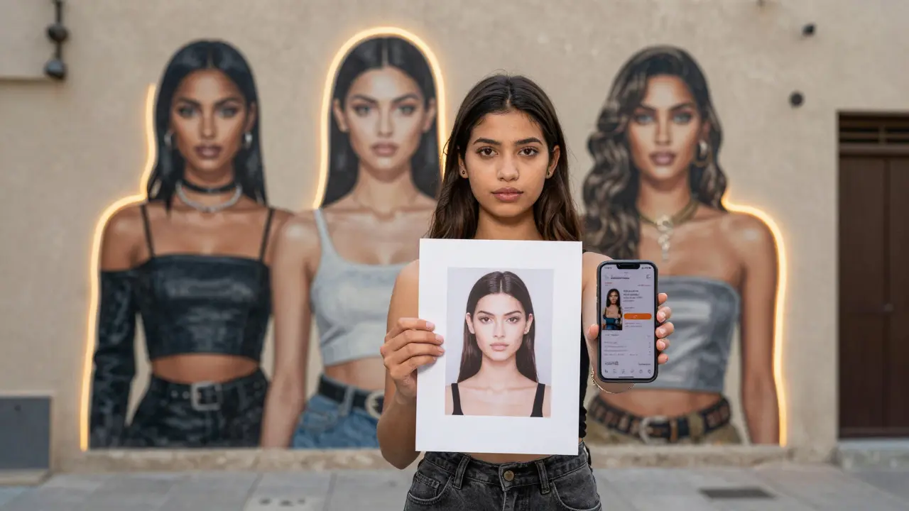 An aspiring model at Alserkal Avenue holding a headshot and phone, surrounded by glowing images of famous models.