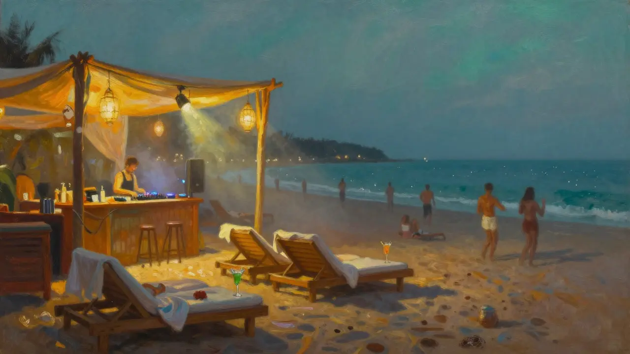 Artistic night scene of a beach club with pulsing lights, lounge beds, and misty ocean breeze under stars.
