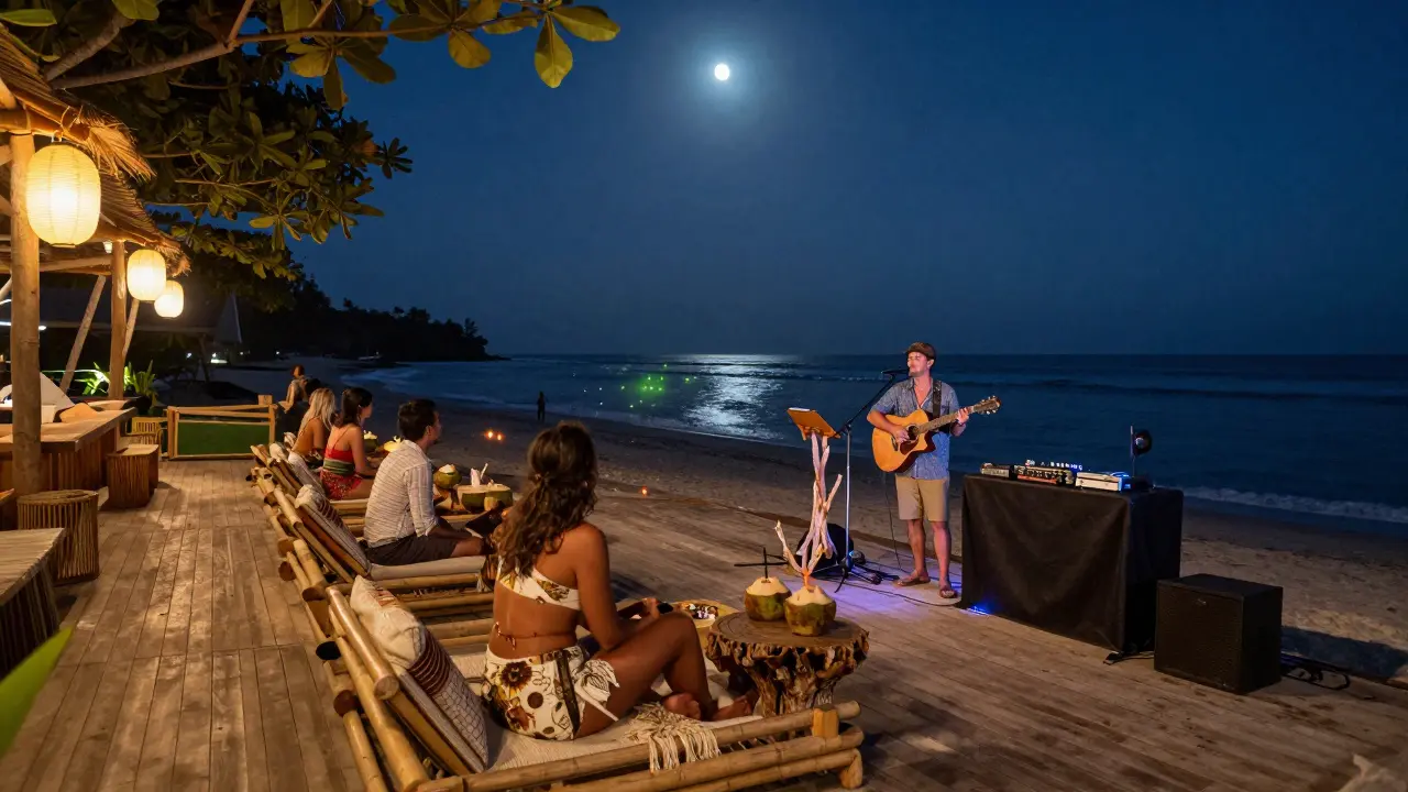 Bali beach club with wooden decks, lanterns, live music, and guests enjoying cocktails under the night sky.