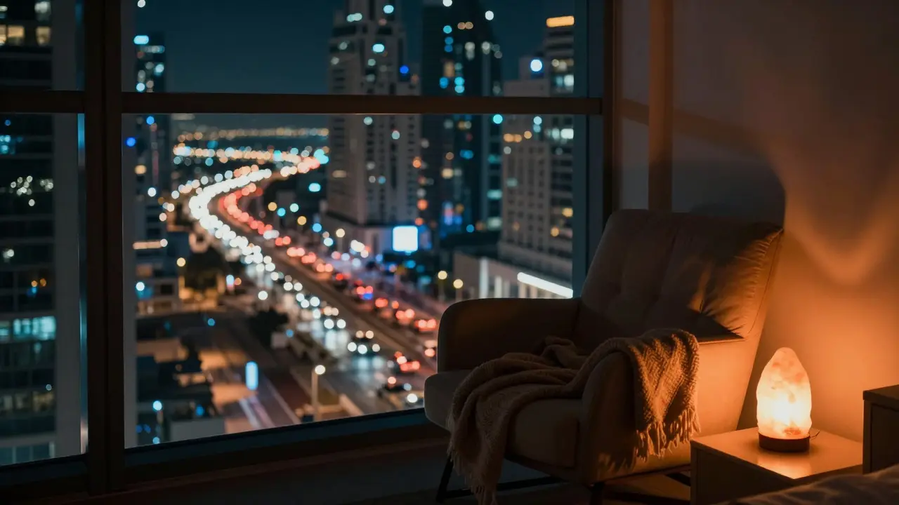Cozy apartment corner with city traffic visible outside
