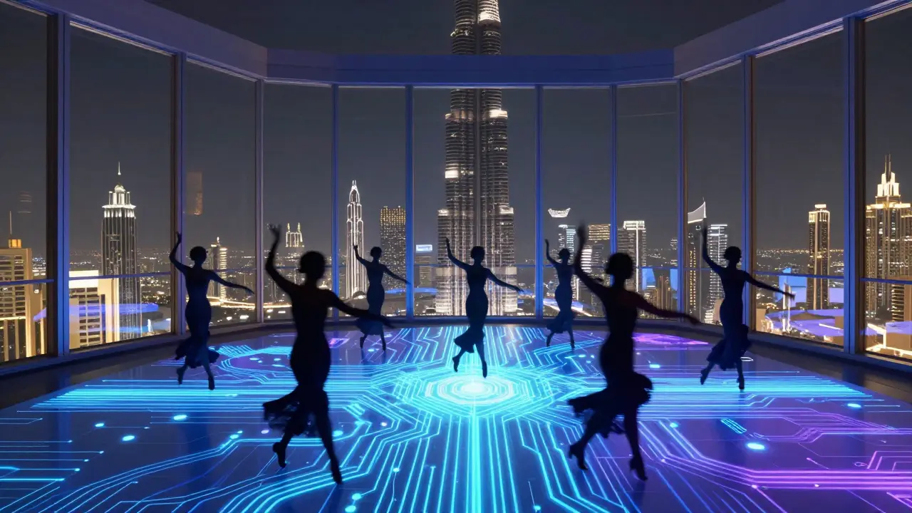 Dancers on a holographic floor high above Dubai’s skyline inside Cielo nightclub.