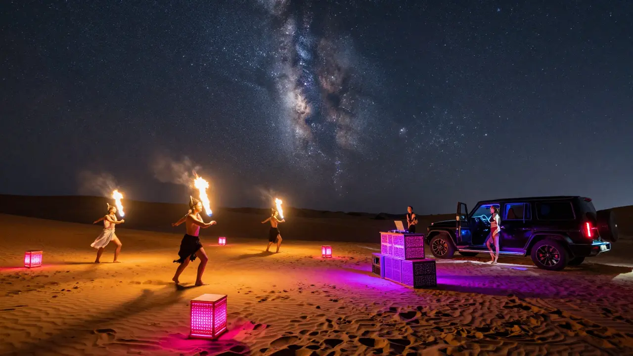 Dancers partying barefoot in a desert under neon lights and fire performers at night.