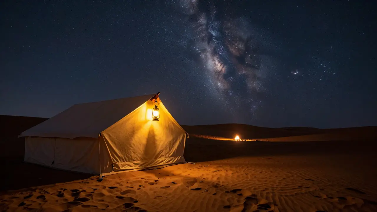 Desert camp with glowing lanterns under a starry night sky.