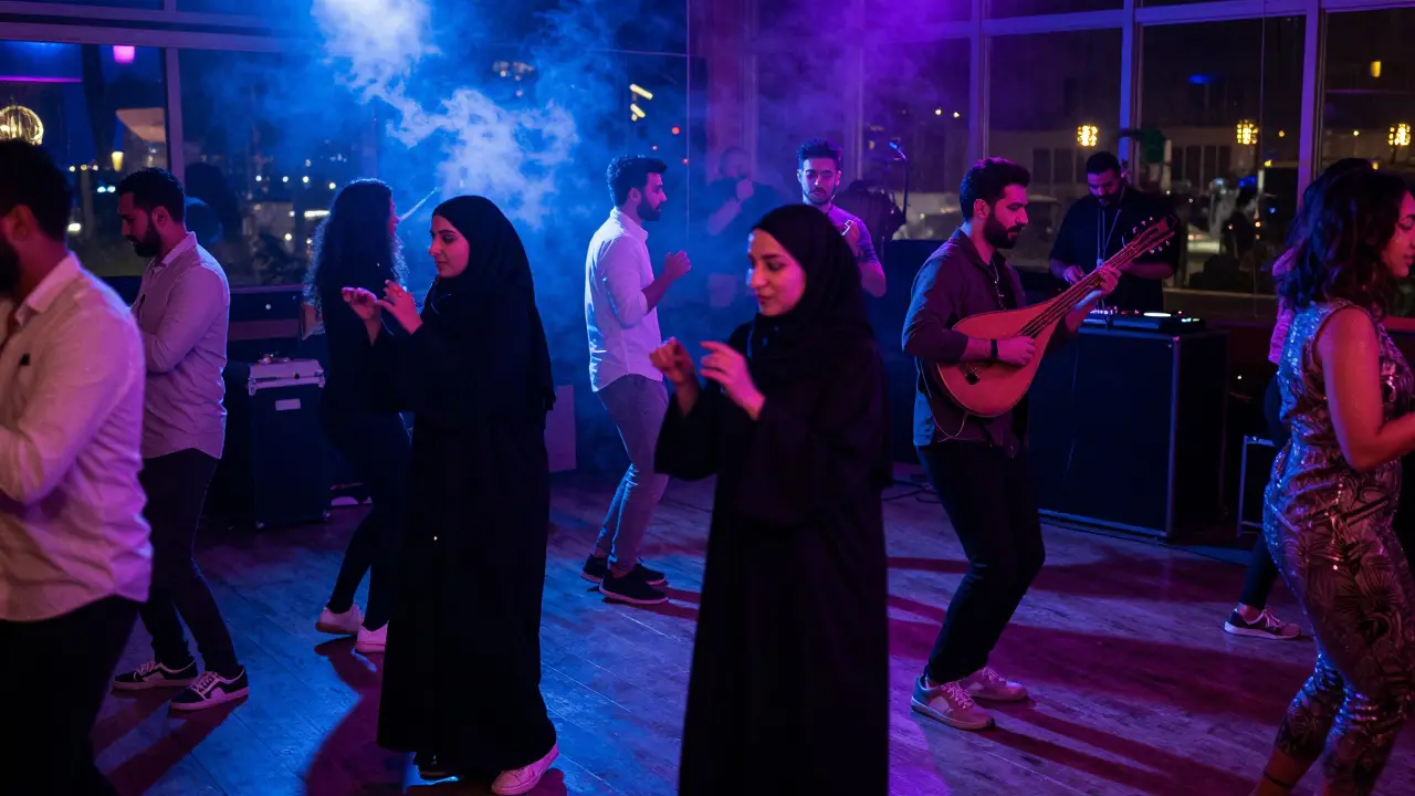 Diverse crowd dancing under neon lights at Soho Garden, live oud player blending with techno DJ setup.