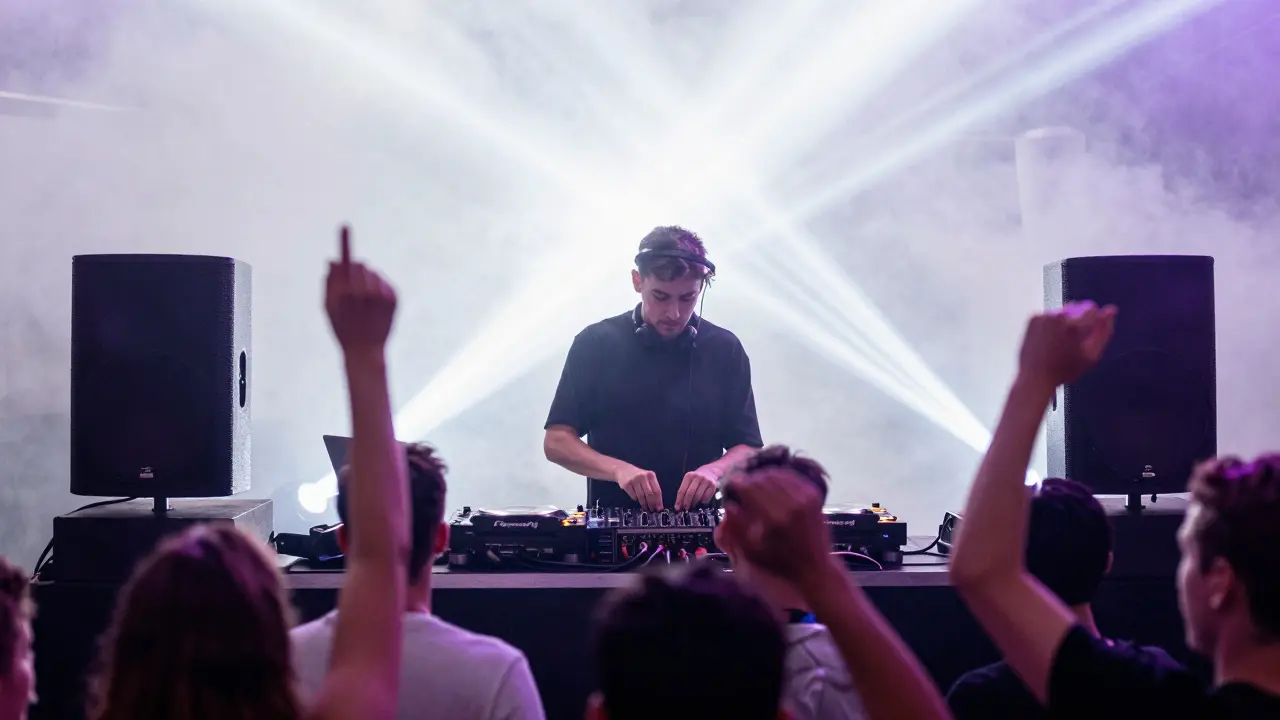 DJ performing on stage with energetic audience in white themed club