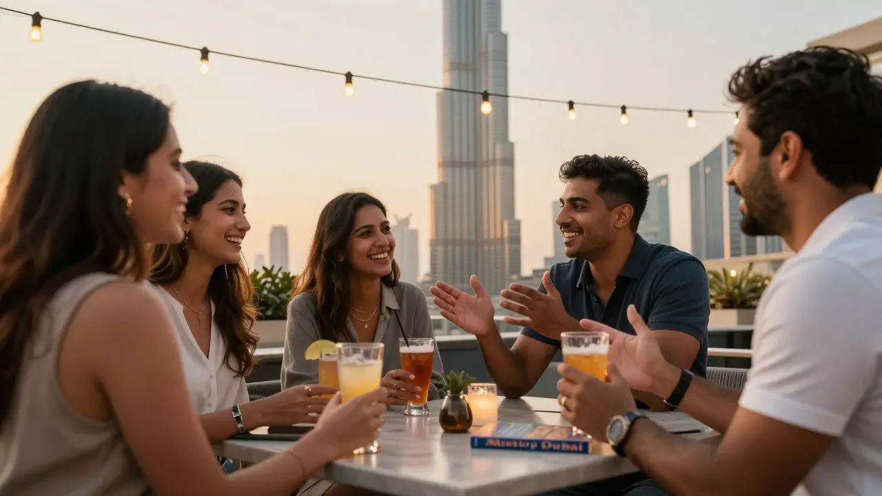 Expats socializing at a Dubai rooftop lounge, city lights twinkling in the background.