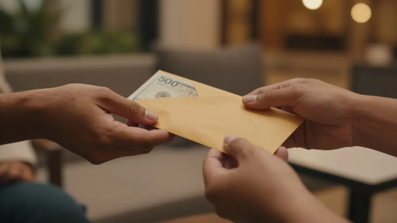 Hands exchanging cash in a discreet, respectful moment under soft twilight lighting.