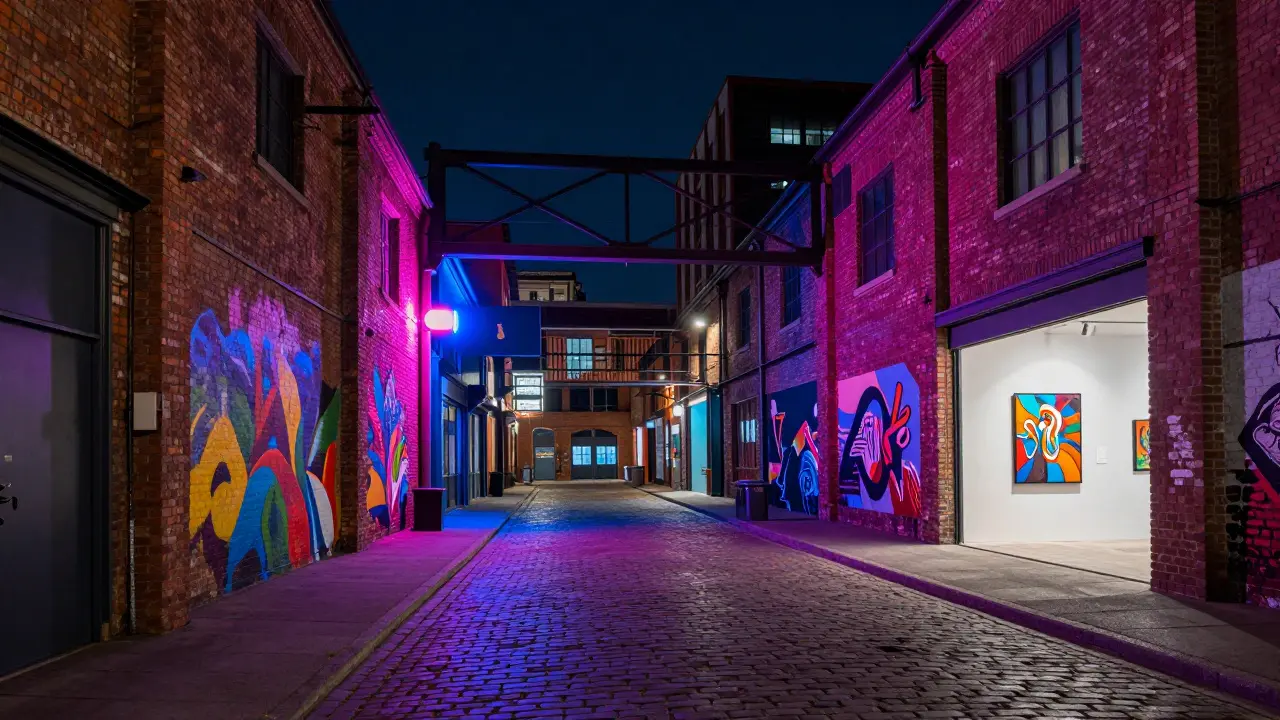 Industrial art district alleyway with neon lights and brick walls.