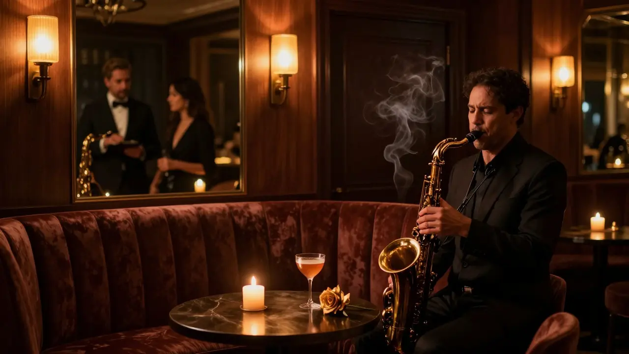 Intimate jazz moment at The Penthouse with candlelight, saxophone, and a single rose.