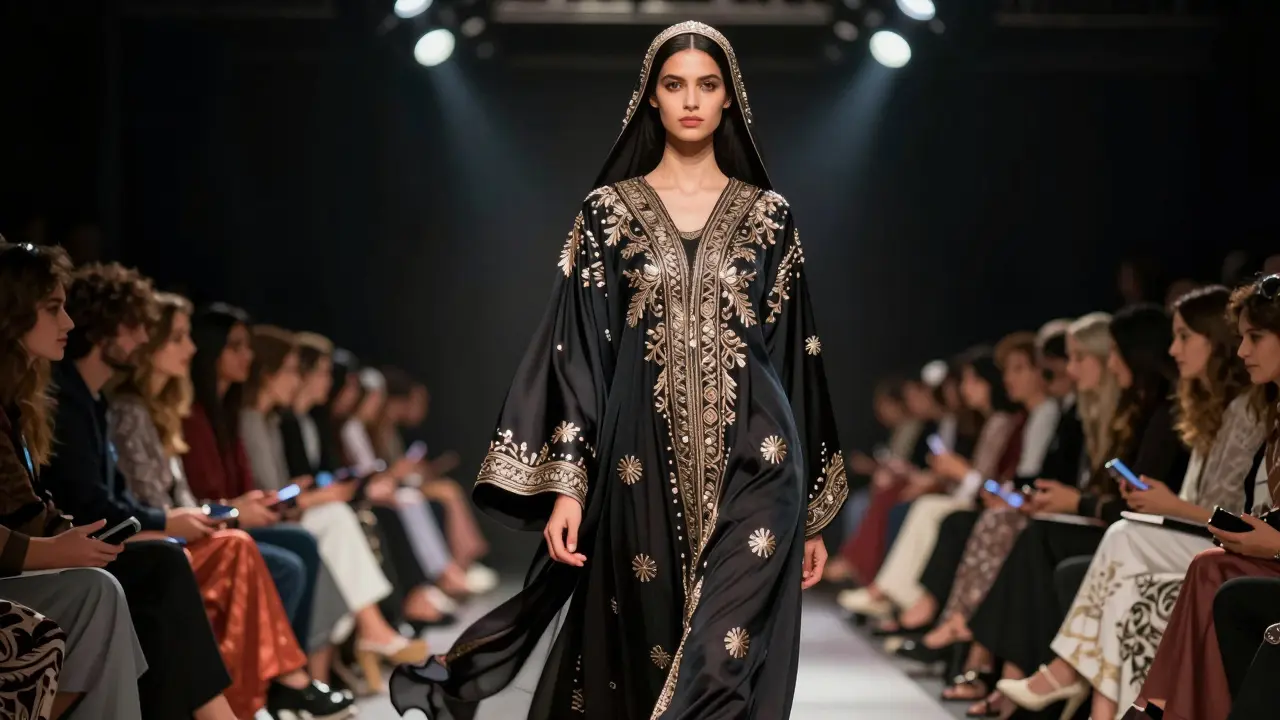 Model walking Dubai Fashion Week runway in a metallic embroidered abaya under dramatic lights.