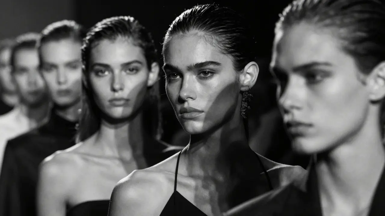 Models on runway displaying distinct angular and square face shapes under lights