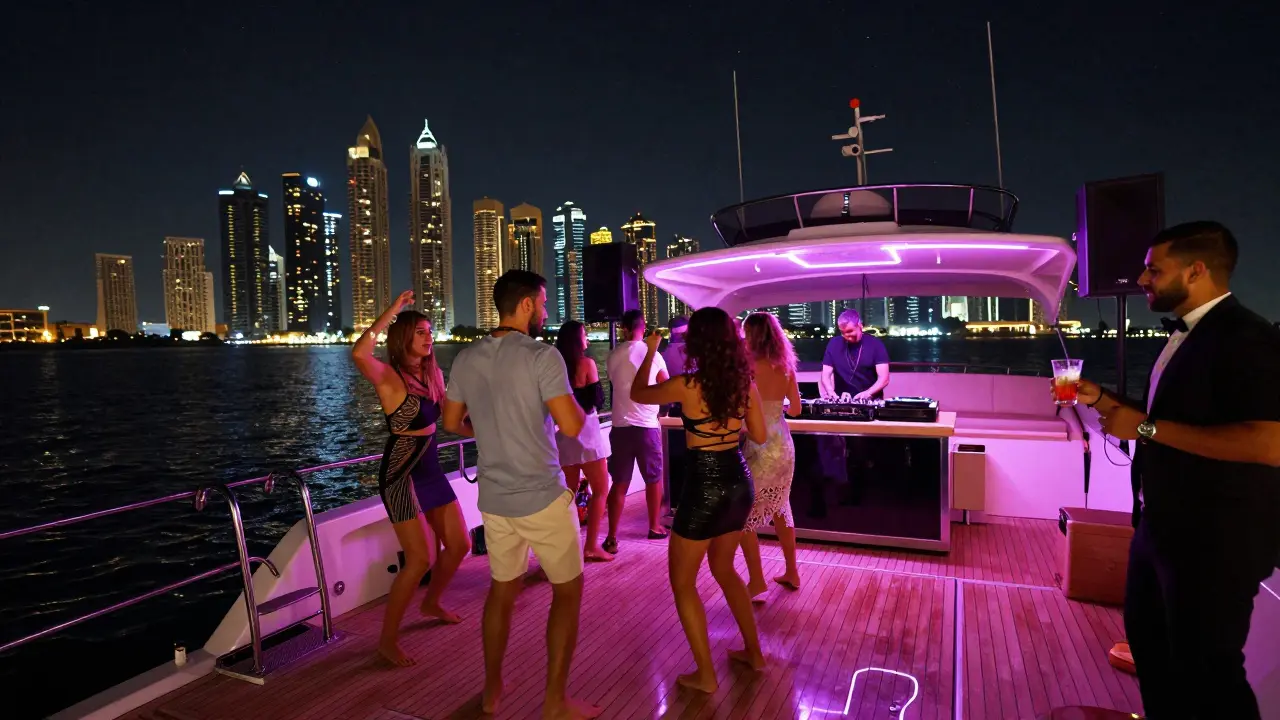 Nighttime yacht party with neon lights, dancing guests, and Dubai's skyline sparkling under a starry sky.