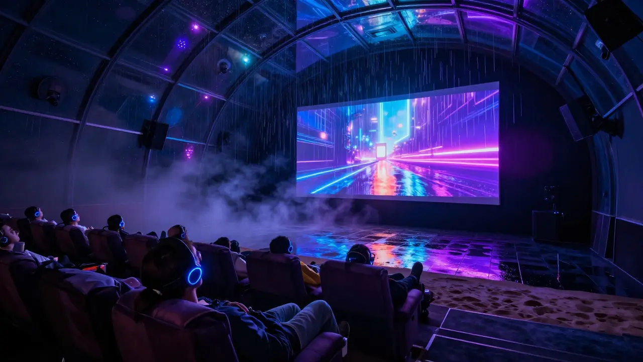 People in a silent cinema wear haptic headphones under a glass dome, watching Blade Runner 2049 as mist simulates desert rain.