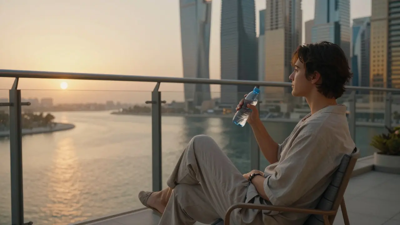 Person relaxing on balcony overlooking Dubai marina