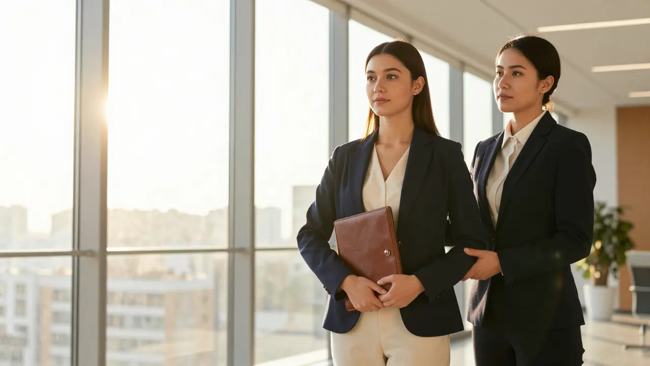 Professional woman standing confidently with advisor in sunny office