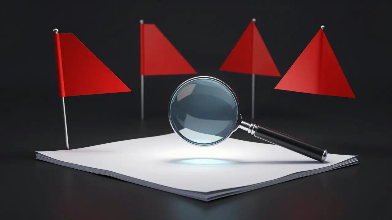 Red warning flags rising from document with magnifying glass overhead