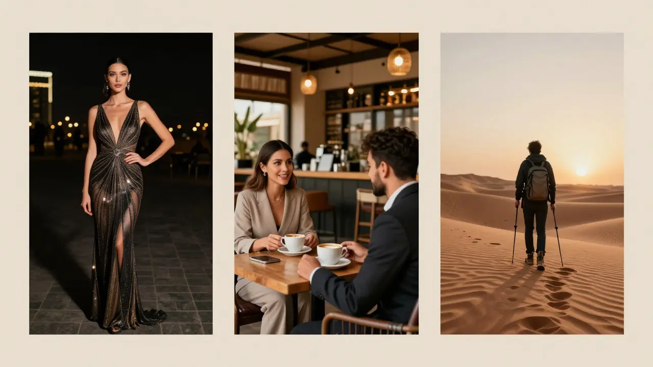 Three distinct escort service scenarios in Dubai: gala companion, café meeting, and desert travel companion.