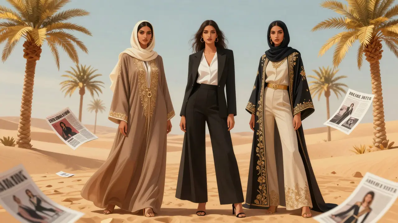 Three iconic Dubai models standing together in a symbolic desert-catwalk fusion, each representing diverse beauty.