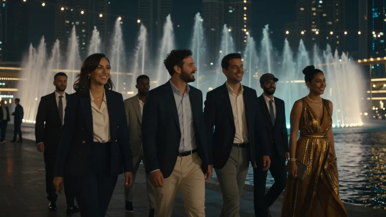 Three professionals walking together along the Dubai Fountain at night, sharing laughter under soft lights.
