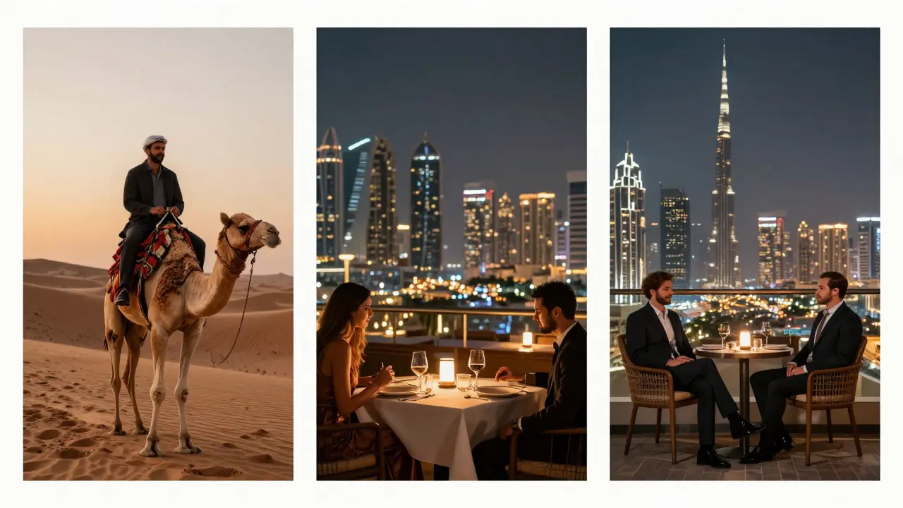 Three scenes depict a desert safari, rooftop dinner, and balcony view — representing personalized companionship experiences in Dubai.
