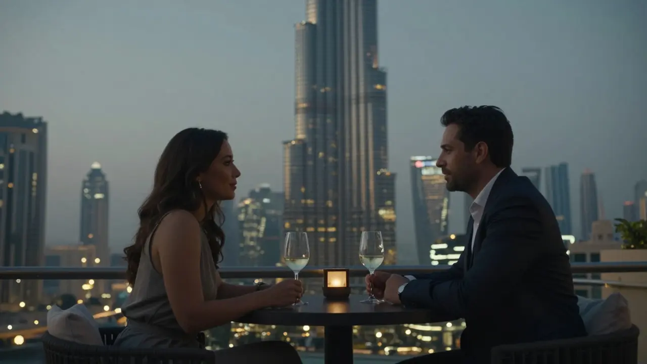 Two people on a Dubai rooftop at dusk, city lights glowing behind them, sharing a calm, thoughtful moment over wine.