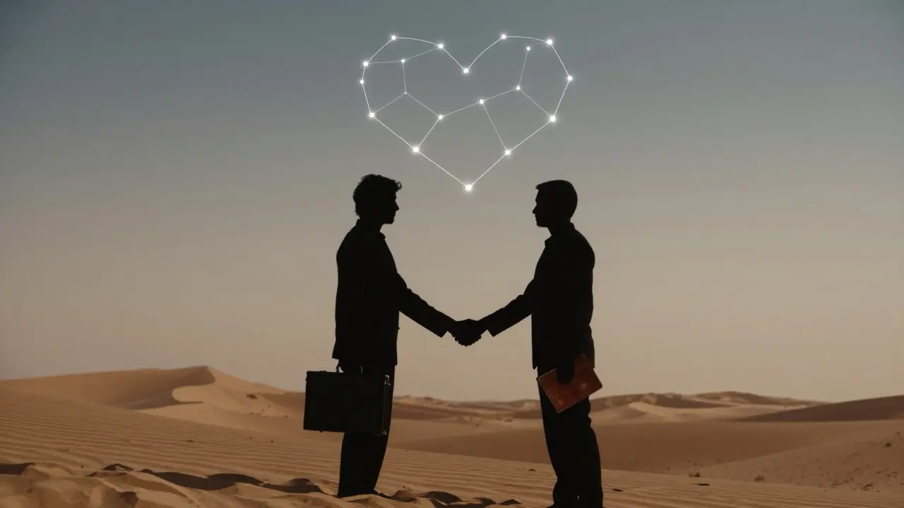 Two silhouettes shaking hands on a desert dune at twilight, with a heart-shaped constellation above them.
