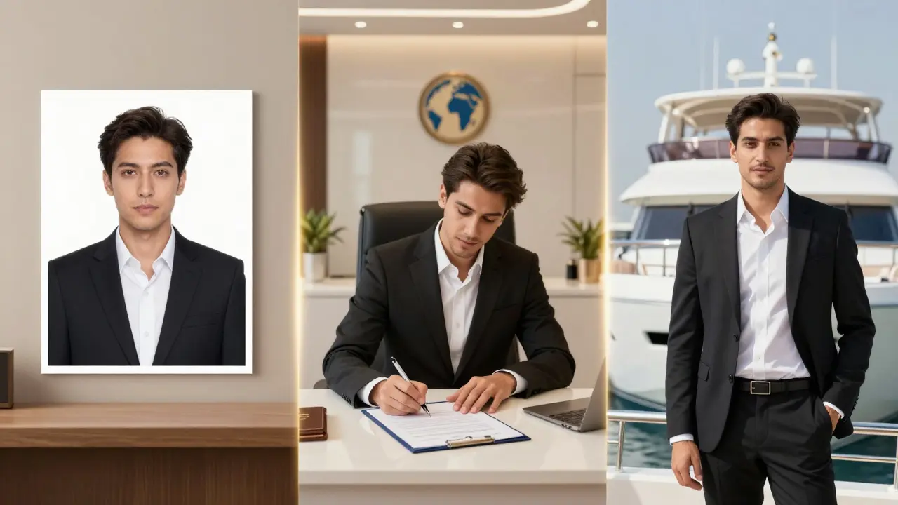 Visual journey of a model from passport photo to contract signing to international shoot in Dubai.