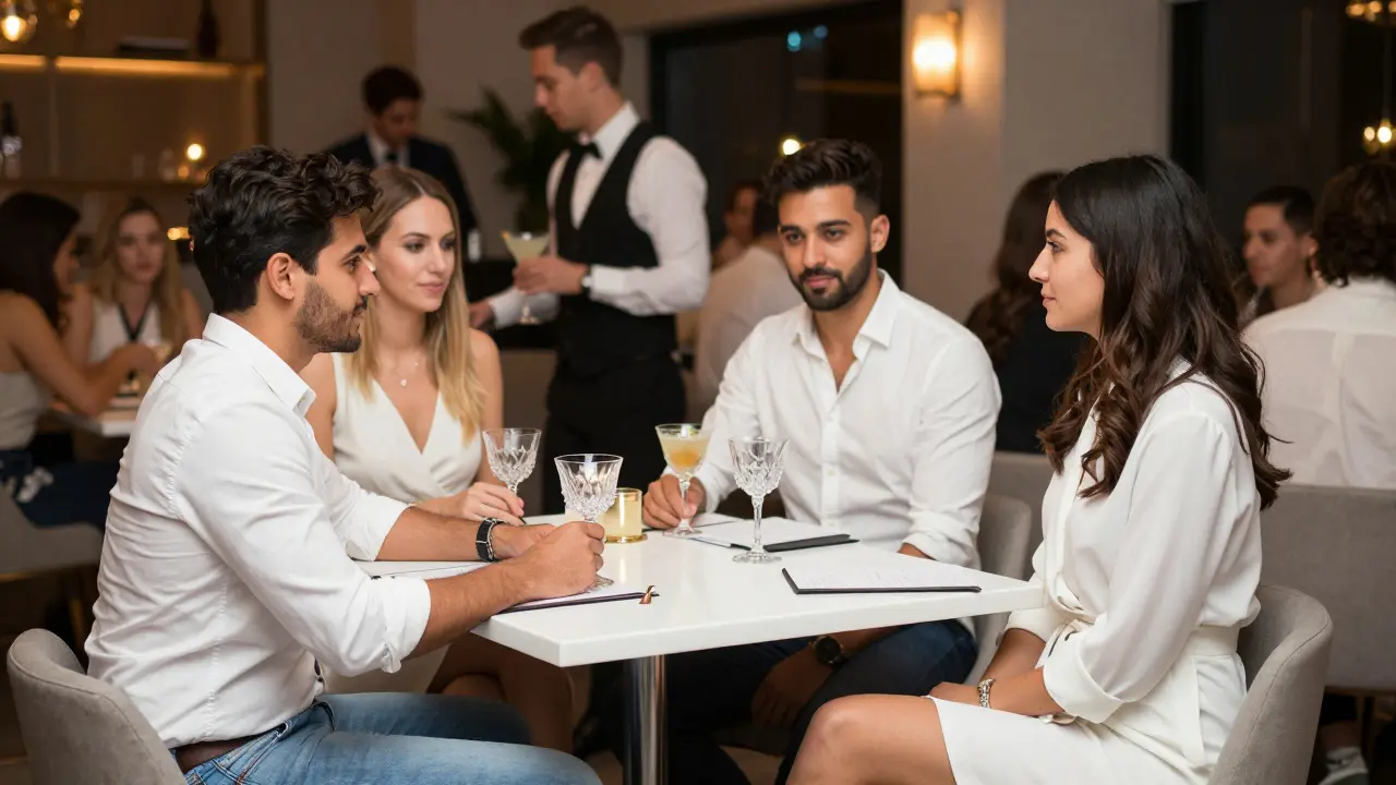 Well dressed group seated at VIP table enjoying premium drinks