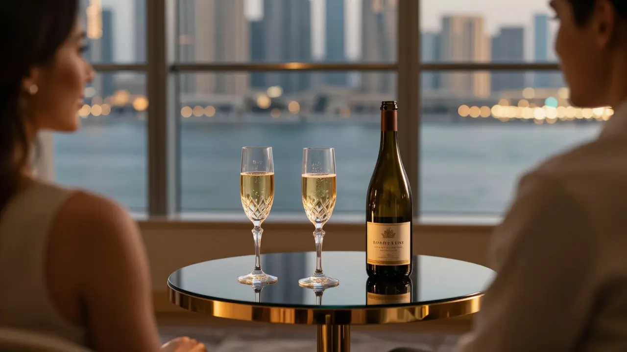 Champagne glasses on a table in a luxury Dubai hotel suite overlooking the Marina
