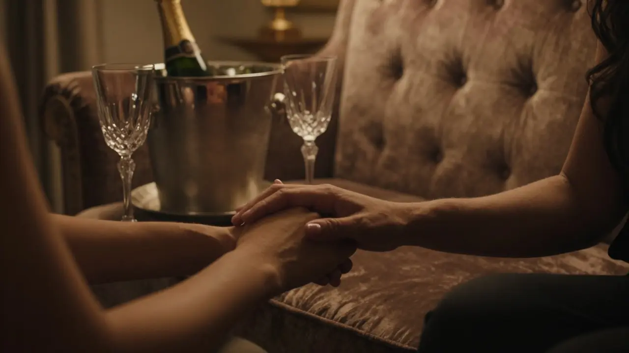 Close-up of two people holding hands on a velvet sofa with champagne in a private villa