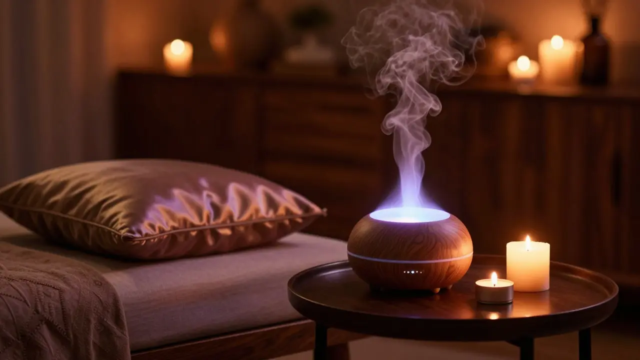 Cozy home corner with aromatherapy diffuser and candles.