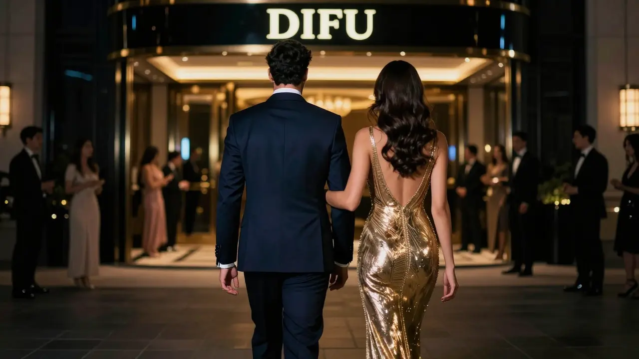 Elegant couple in formal wear walking toward an exclusive luxury lounge in Dubai