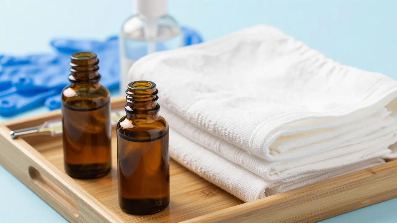 Neatly arranged organic oils and fresh white spa towels.