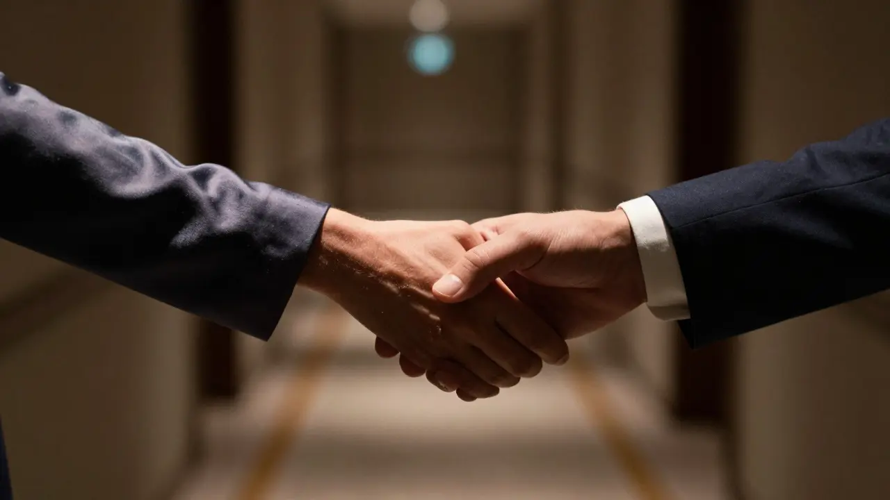 Two people discreetly shaking hands in a dimly lit luxury hotel hallway